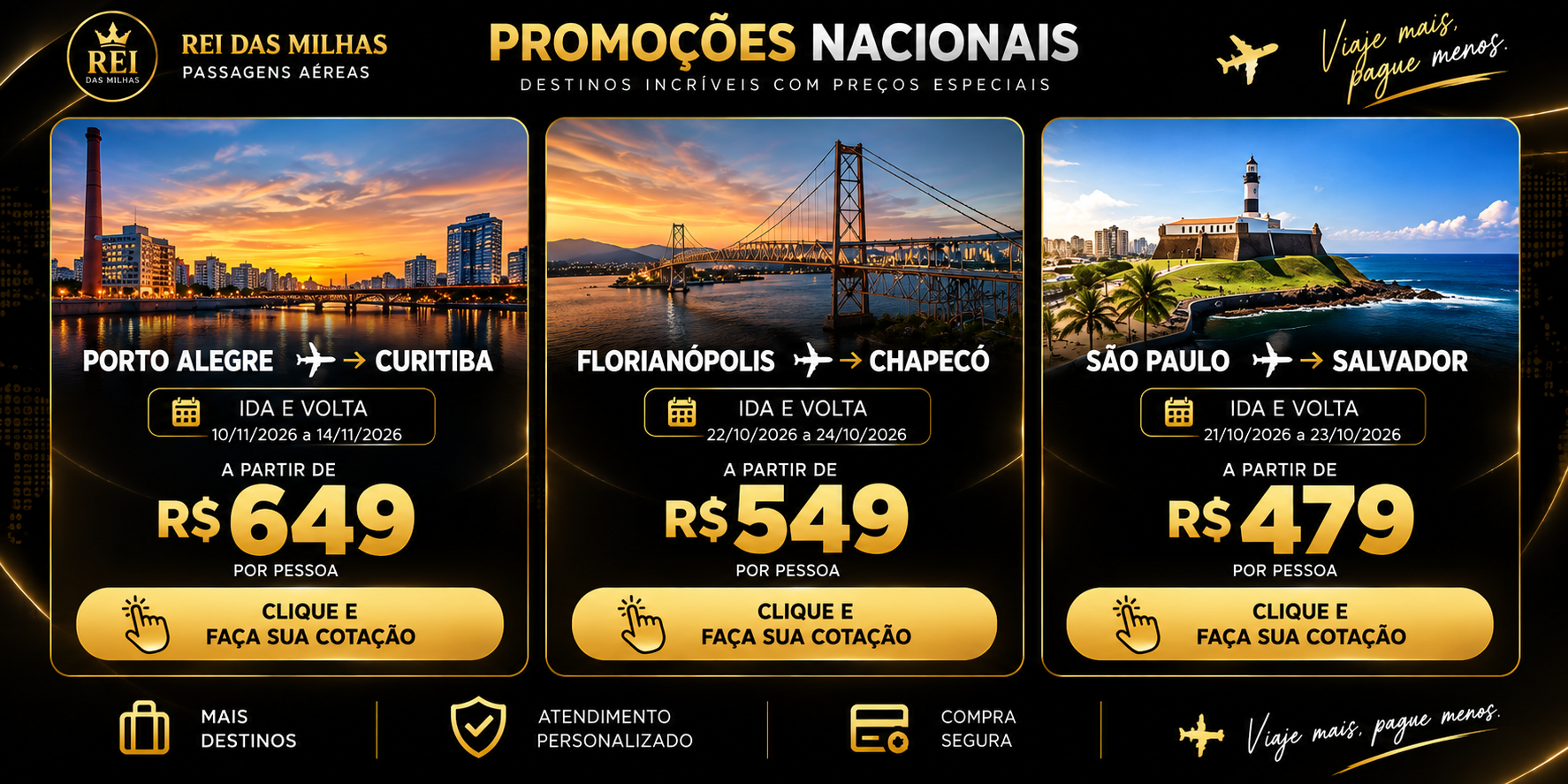 Promoções nacionais Rei das Milhas — Porto Alegre para Curitiba, Florianópolis para Chapecó e São Paulo para Salvador